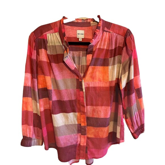 Nic + Zoe Sunset Plaid Cotton Girlfriend Shirt Colorful Medium - Picture 2 of 8